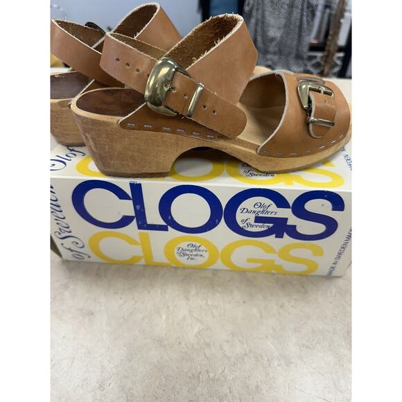 Vintage Olof Daughters of Sweden Leather Wooden Clog Sandals Size 35 (5) - Picture 1 of 6